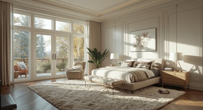 Luxurious master bedroom with abundant natural light and stylish nightstands in a modern home