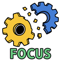 Focus and Gearwork Interlocking Gears with 'FOCUS' Text, Conceptual Illustration, Problem Solving, Vector Design