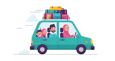 Fototapeta premium Cute red family car with suitcases and travel bags on the roof, isolated on white background.