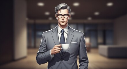 Fototapeta premium Confident businessman in suit and glasses holds coffee in modern office