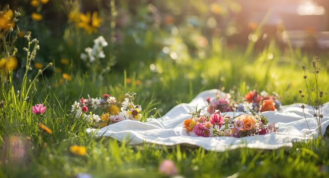 Gleeful women with colorful floral crowns interacting joyfully on a vibrant summer solstice lawn