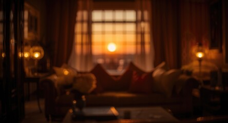 Elegant hotel suite featuring glowing bokeh lights and warm cinematic blurred sunrise suitable for design background