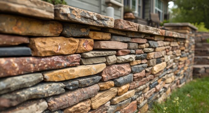 Retaining wall built from assorted colorful stones using dry stacking technique