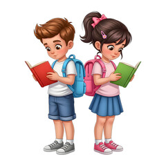 Two children reading books with backpacks on transparent isolated on a transparent background
