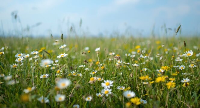 Meadow filled with wild daisies and cuckoo flowers and copy space