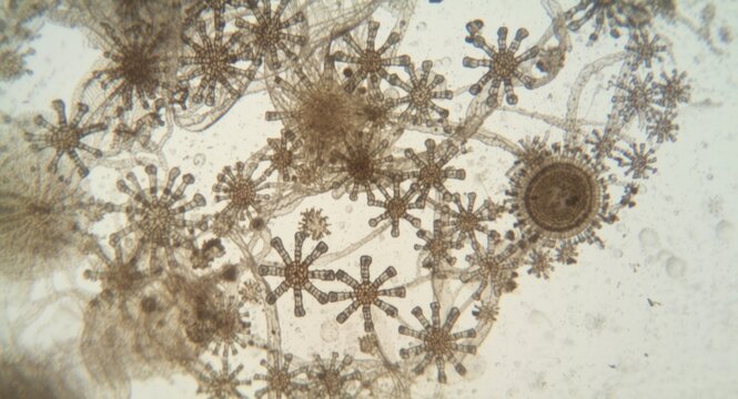 Magnified wetland desmid Micrasterias radiosa captured to show cellular symmetry and design