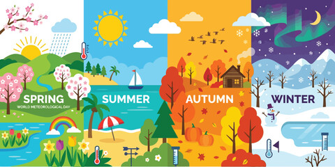 Naklejka premium A vibrant collage depicting the four distinct seasons, Spring, Summer, Autumn, and Winter, in a stylized landscape view.