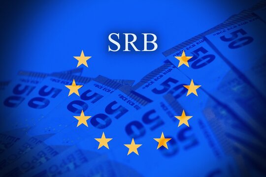 Close-up of Euro banknotes with EU flag overlay and &ldquo;SRB&rdquo; text. Represents European financial stability, banking resolution, and regulatory oversight by the Single Resolution Board.
