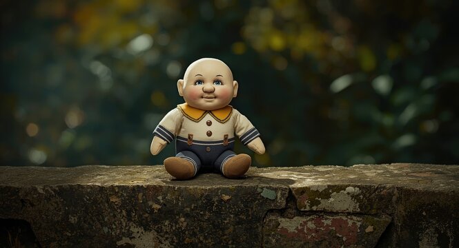 Retro-style Humpty Dumpty plush doll seated on an outdoor wall
