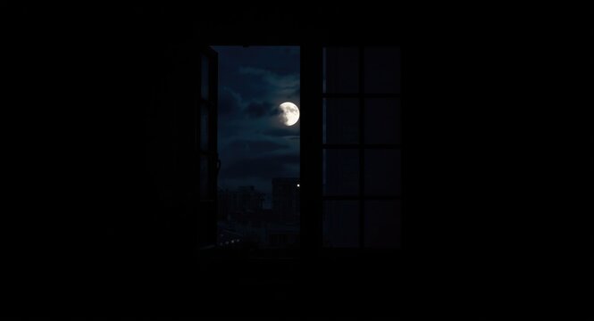 Quiet night with half moonlight shining through open window