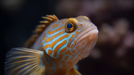 Obraz premium Intimate portrait of a vibrant orange and blue fish underwater with striking patterns