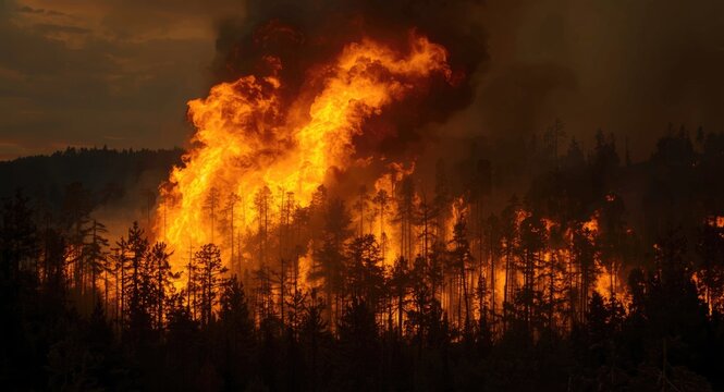 Fire engulfing forest with potential damage to natural habitat