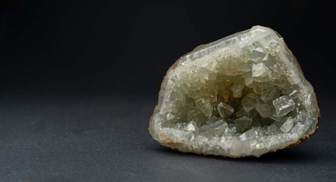 Golden edged thick sage green geode crystal in a close-up shot with glittering surface and dark background copy space