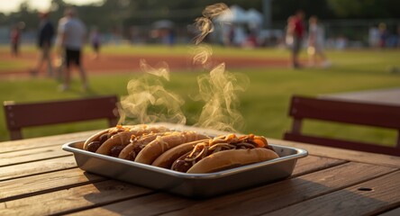Friends bonding over chili dogs with onions at a community sports day