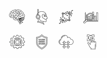 Fototapeta premium Icons representing various aspects of learning, technology, and security Vector