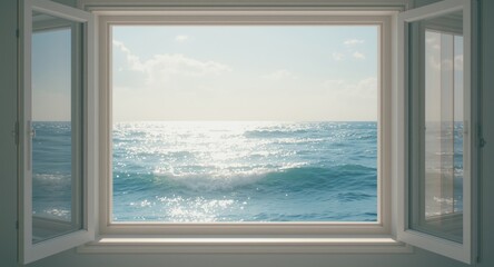 Fototapeta premium Quiet sea landscape viewed through open window on a bright summer morning