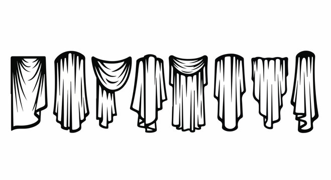 A variety of different types of curtains displayed in a row. Vector