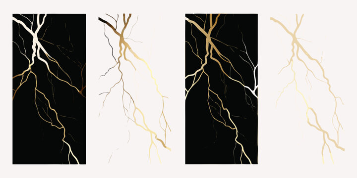 Four vertical panels depicting abstract gold and white lightning like cracks