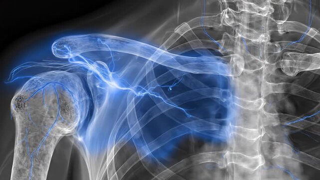 A detailed blue x-ray rendering visualizing the complex muscle anatomy of the human shoulder and upper back structure.