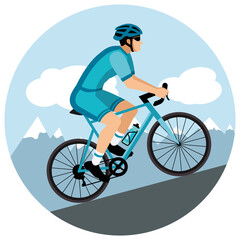 Fototapeta premium Cyclist with helmet and sunglasses riding a bicycle in cycling shorts and jersey climbing a mountain pass. Blue flat design. Hand drawn illustration.