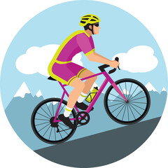 Fototapeta premium Cyclist with helmet and sunglasses riding a bicycle in cycling shorts and jersey climbing a mountain pass. Purple and acid green flat design. Hand drawn vector illustration.