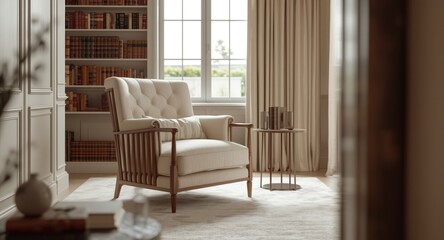 Stylish home library space highlighting armchair and orderly decoration