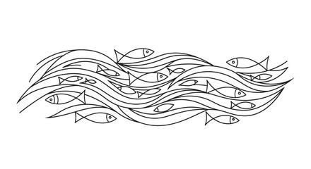 Stylized black and white line art illustration depicting a school of fish swimming in wavy water patterns.