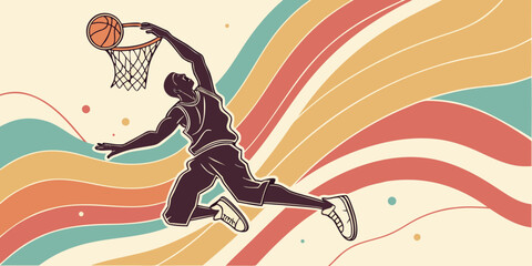 Basketball player dunking ball into hoop with colorful swirling background © rabbi