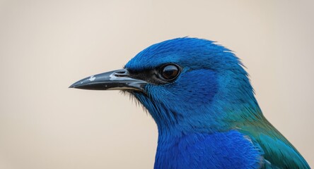Macro shot capturing a bright blue Phasianidae bird's head and detailed plumage