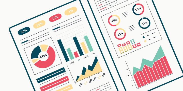 Business infographic template with colorful charts and graphs on two tablets
