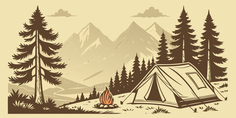 Camping adventure in mountains with tent and campfire trees © rabbi
