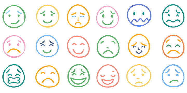 Colorful set of hand drawn smiley faces displaying various emotions on black
