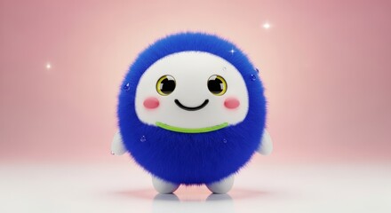 Obraz premium Cute fuzzy blue character with happy smile on pink background