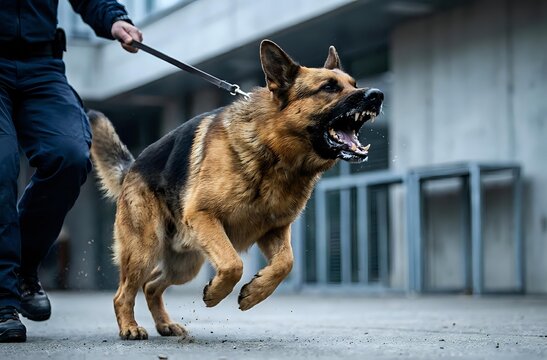 Aggressive German Shepherd dog barking and lunging forward on leash during training session with handler in urban setting for security and protection work.