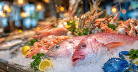 The Fish Display on Ice at a Vibrant Seafood Market Counter
