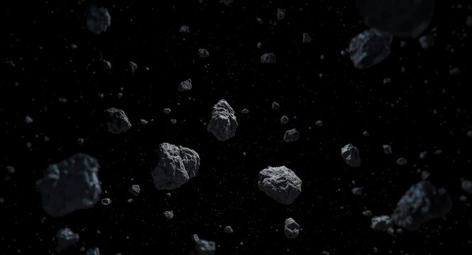 Simulated image of isolated rocky asteroids on a black starless background