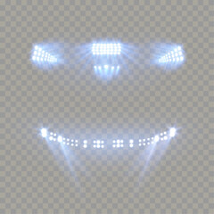 Fototapeta premium Set of stadium lights, bright glowing floodlights and arena spotlights isolated on transparent background.