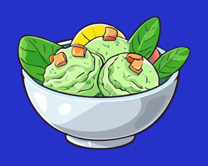 Sweet Dessert Bowl With Green Matcha Ice Cream Scoops And Fresh Mint Leaf Garnish - Vector Illustration © powdesign