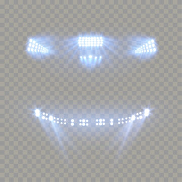 Set of stadium lights, bright glowing floodlights and arena spotlights isolated on transparent background.
