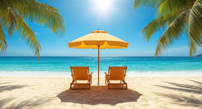 Serene oceanfront view with chairs and umbrella in a tropical locale
