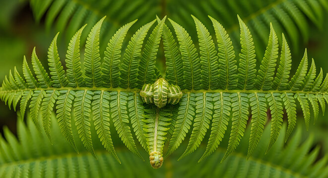 Closeup of green fern leaves and fiddlehead in natural outdoor setting