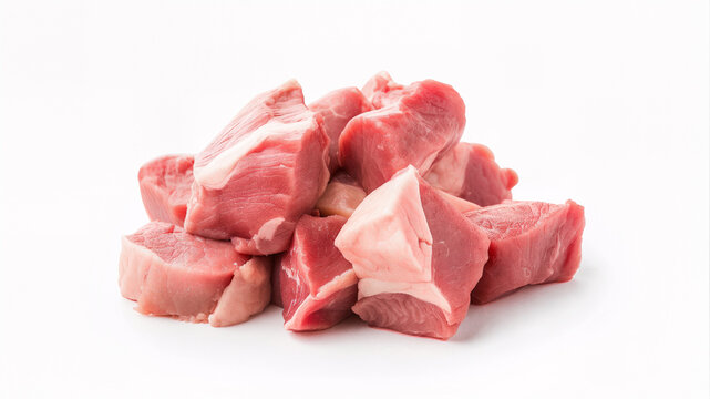 Raw chunks of lean lamb meat piled together on a white background