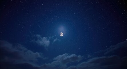 Fototapeta premium Moonlit night sky with sparkling stars and soft clouds Halloween background