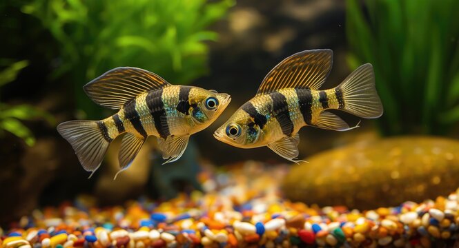 Zebra danio fish pair showing off veil fins in a decorative aquarium