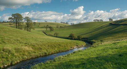 Rolling green hills rich with grass cover, tall trees, and a flowing stream