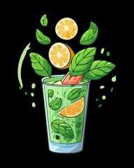 Sparkling green lime drink with mint leaves and flying citrus slices for refreshing summer beverage design - Vector Illustration © powdesign