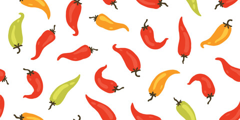 Obraz premium Chili pepper seamless pattern with colorful red, yellow and green vegetables. Cartoon hand-drawn spicy food background for kitchen textiles, mexican cafe decor and cute minimalist packaging design.