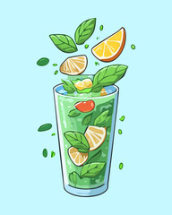 Glass of iced lime mojito with flying mint leaves and citrus fruits for refreshing beverage promotion - Vector Illustration © powdesign