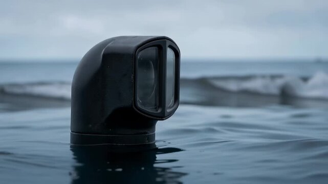 An object is observed floating on the surface of water in an ocean setting. Multiple angles showcase the waves and coastal backdrop