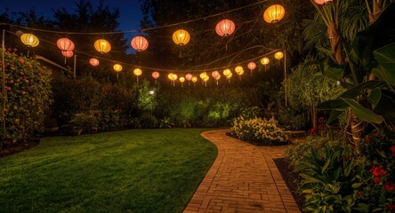 Obraz premium Scenic nighttime garden scene highlighting colorful lantern lights over a verdant lawn with a winding brick walkway and stone path ideal for editorial projects